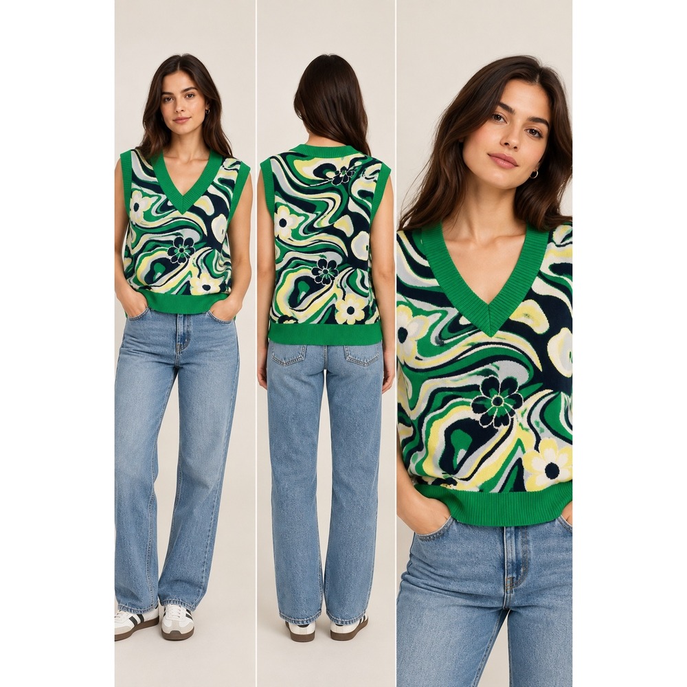 Sunday Best Aritzia V-Neck Sweater Vest Green Psychedelic Floral Retro Boho M
